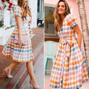 Gal Meets Glam Poppy Plaid Pastel Linen Button Down Cottagecore Dress Size 2